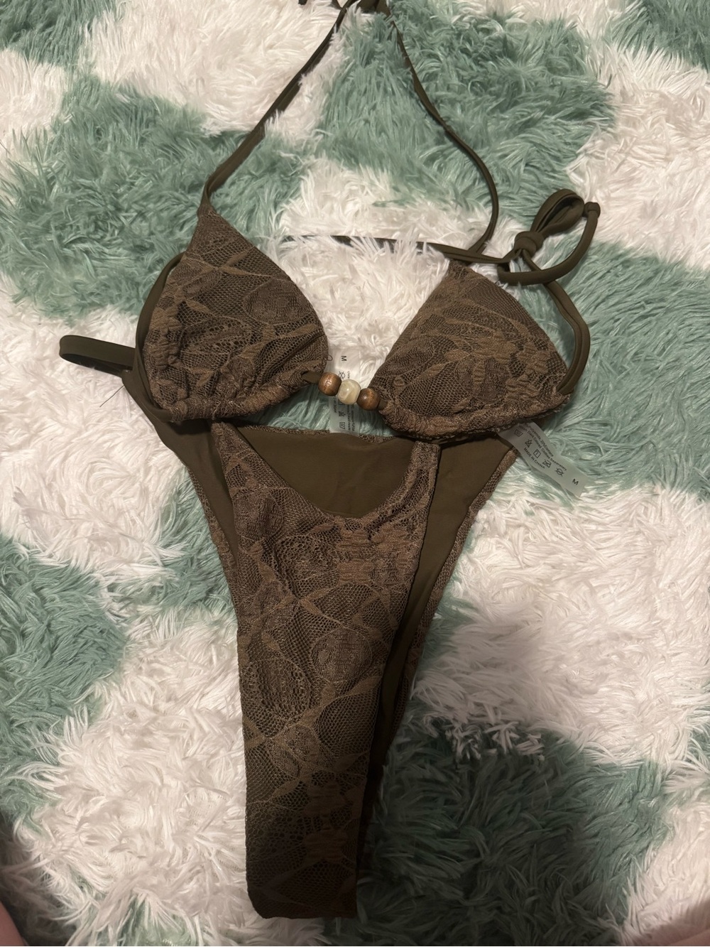 SHEIN Olive Lace Triangle Bikini Set with Beaded Center
